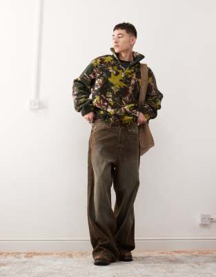 Collusion Borg Funnel Neck Tree Camo Print Fleece Sweatshirt With Embroidery In Multi