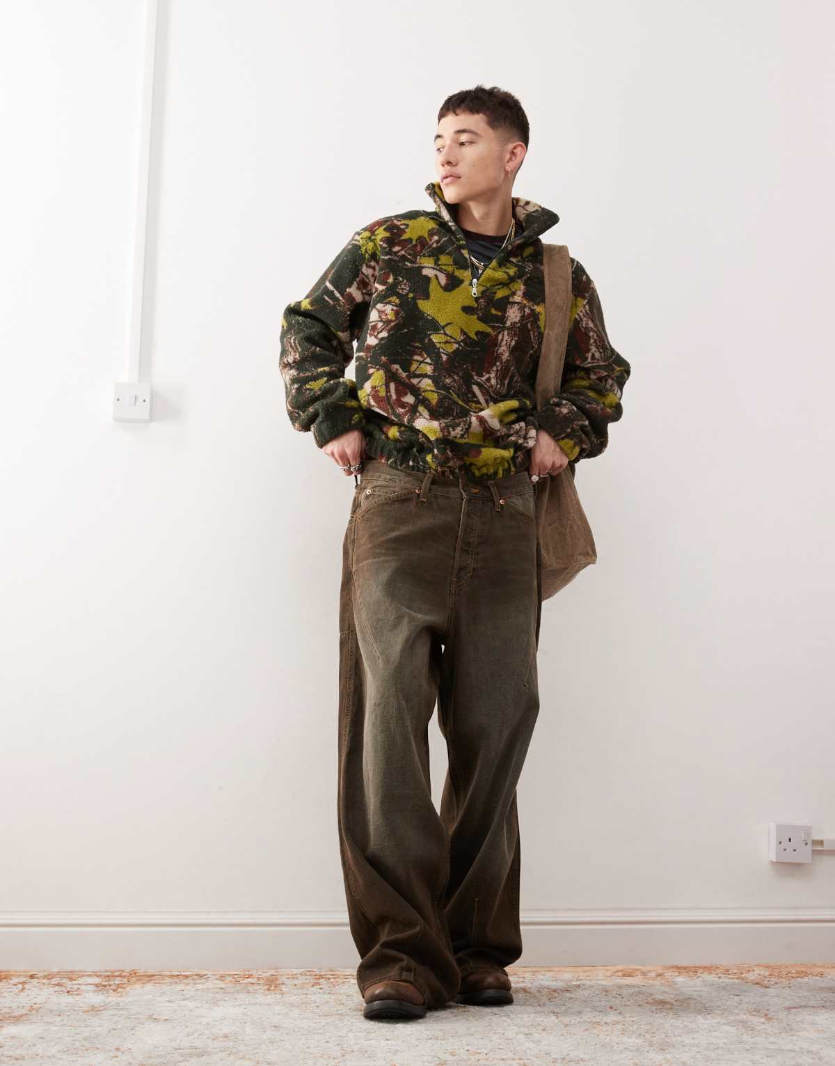 COLLUSION borg funnel neck tree camo  print sweatshirt with embroidery in multi