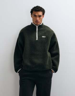 Collusion Borg Funnel Neck Quarter Zip In Green