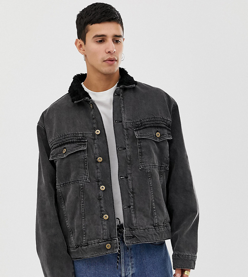 COLLUSION borg lined denim jacket in black
