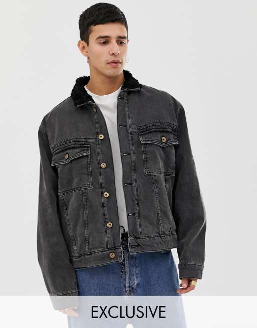 COLLUSION borg lined denim jacket in black | ASOS