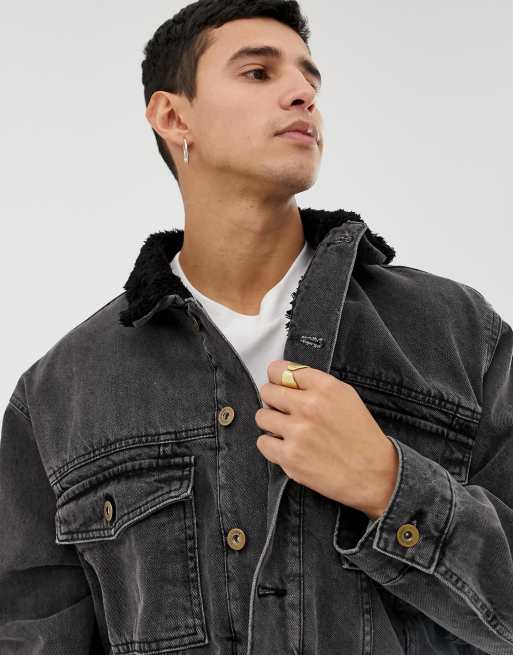 Asos design borg lined 2024 denim jacket in black