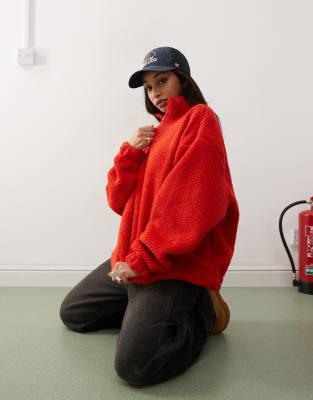 Borg zip funnel neck oversized sweat in red