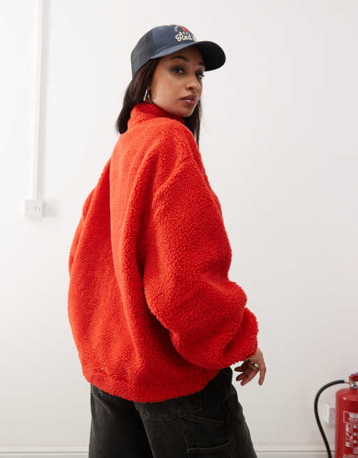 COLLUSION Borg zip funnel neck oversized sweat in red