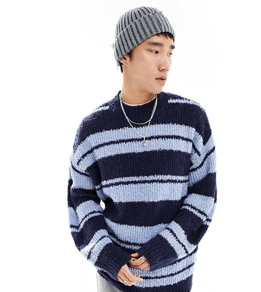 Collusion Boucle Knit Stripe Oversized Sweater In Blue-multi