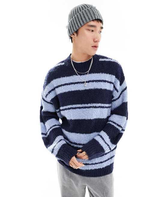 COLLUSION boucle knit stripe oversized sweater in blue | ASOS