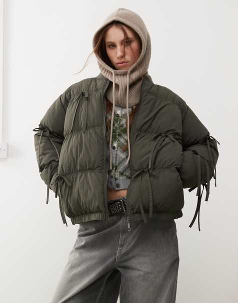 COLLUSION bow detail puffer coat in khaki - view 1
