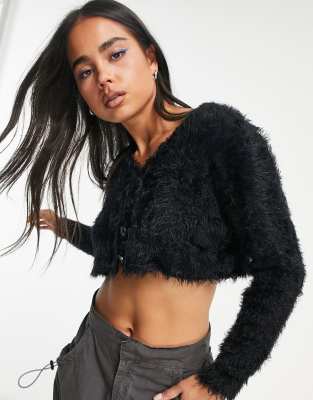 COLLUSION boxy cardigan in fluffy yarn in black - ASOS Price Checker