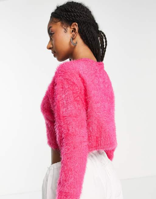 ASOS DESIGN crop sweater in fluffy yarn in pink