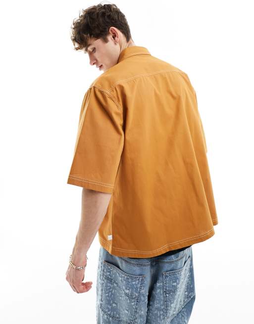 COLLUSION boxy contrast stitch ripstop shirt in sand, 2 of 4