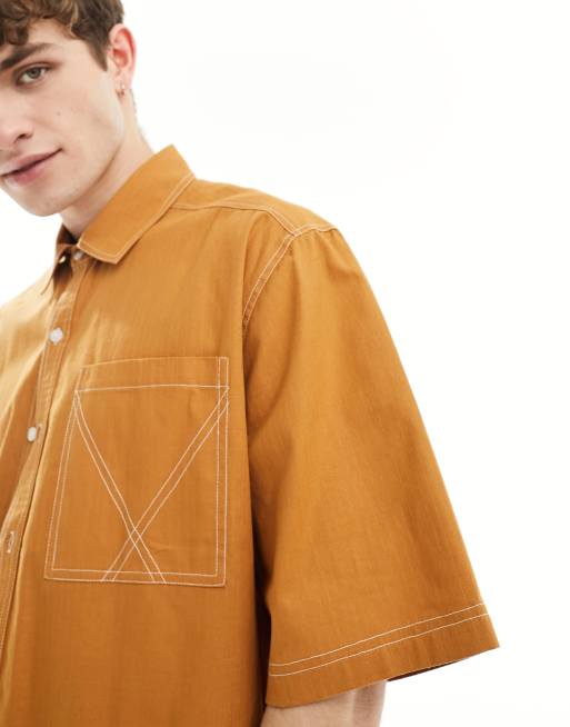 COLLUSION boxy contrast stitch ripstop shirt in sand, 3 of 4
