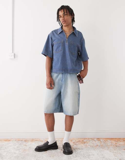 COLLUSION boxy denim woven shirt with zip in blue - MBLUE, 3 of 4
