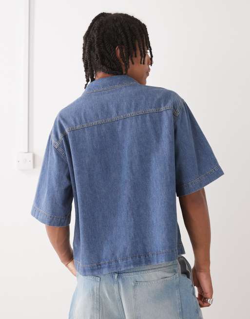 COLLUSION boxy denim woven shirt with zip in blue - MBLUE, 4 of 4