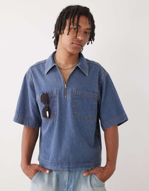 COLLUSION boxy denim woven shirt with zip in blue
