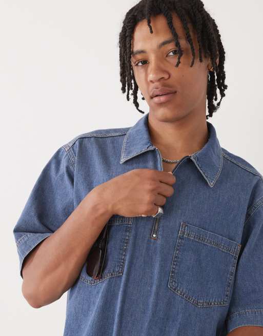 COLLUSION boxy denim woven shirt with zip in blue