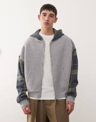COLLUSION Boxy hoodie in grey with panelled sleeves in check