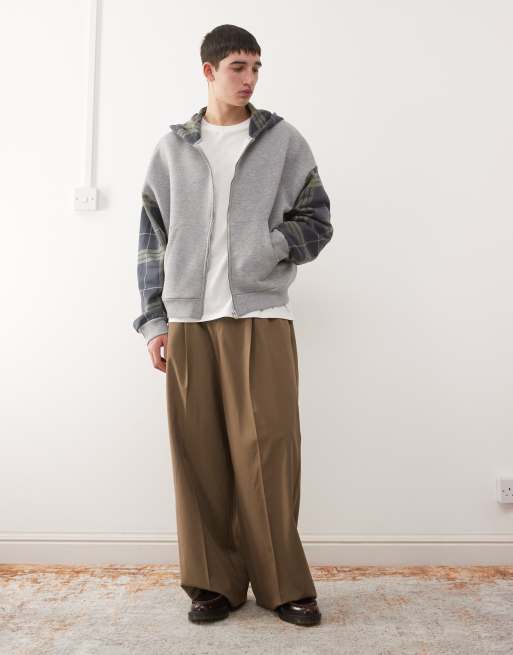 COLLUSION Boxy hoodie in grey with panelled sleeves in check, 2 of 5