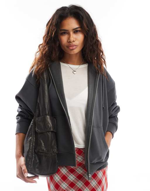 COLLUSION - Boxy hoodie met ritssluiting in grijs met wassing