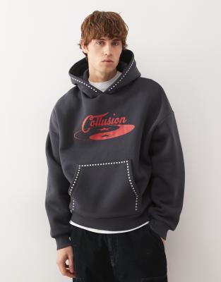 Collusion Boxy Hoodie With Red Print & Studs In Black