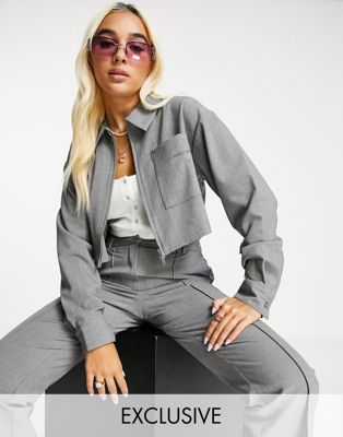 COLLUSION boxy jacket with tonal embroidery in grey co ord