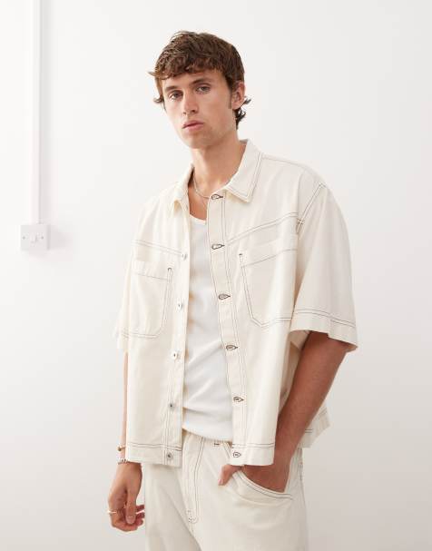 COLLUSION boxy linen blend oversized shirt in ecru - view 1