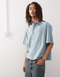 [Collusion] COLLUSION boxy linen-blend short sleeve shirt in dusty blue S BLUE