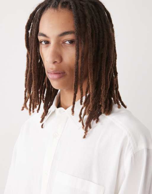 COLLUSION boxy linen look long sleeve shirt in white, 4 of 4