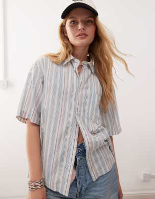 COLLUSION boxy linen look shirt in multi stripe - PINK - view 1