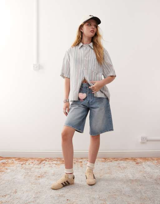 COLLUSION boxy linen look shirt in multi stripe - PINK, 3 of 4
