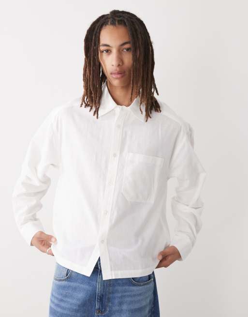 COLLUSION boxy linen look short sleeve shirt in white
