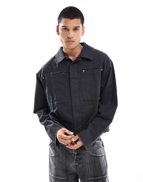 COLLUSION boxy long sleeve raw hem shirt in navy - view 1