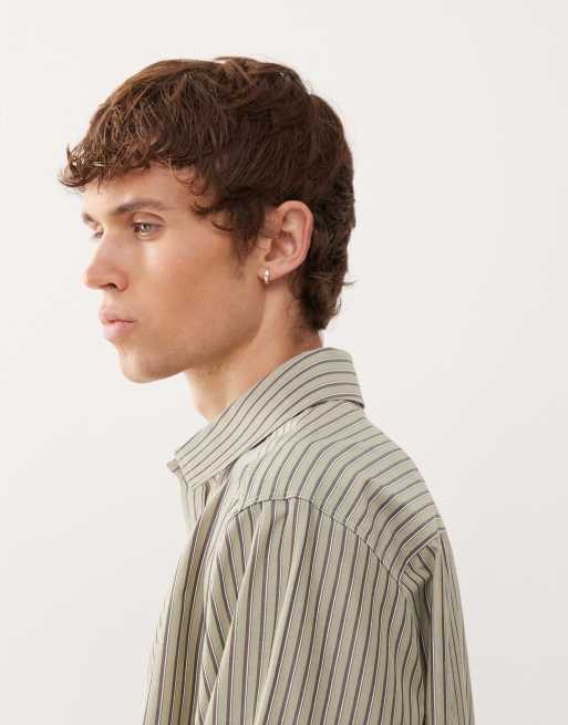 COLLUSION boxy long sleeve stripe shirt in khaki