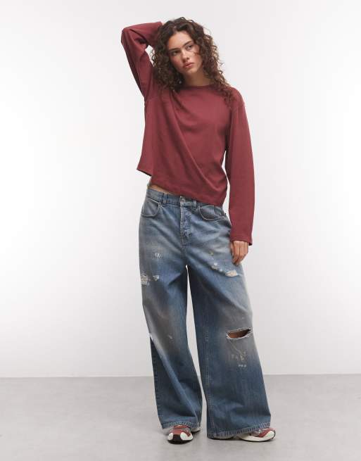 COLLUSION boxy long sleeve t-shirt in burgundy, 2 of 4