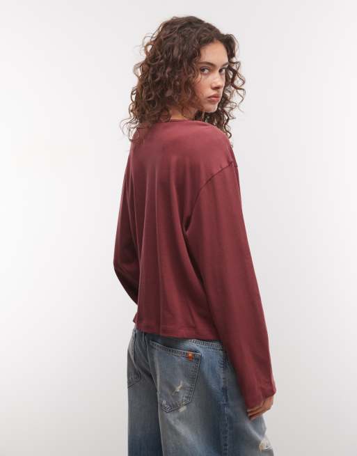 COLLUSION boxy long sleeve t-shirt in burgundy, 4 of 4