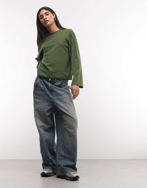 COLLUSION boxy long sleeve t-shirt in khaki, 2 of 4