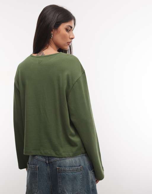 COLLUSION boxy long sleeve t-shirt in khaki, 4 of 4