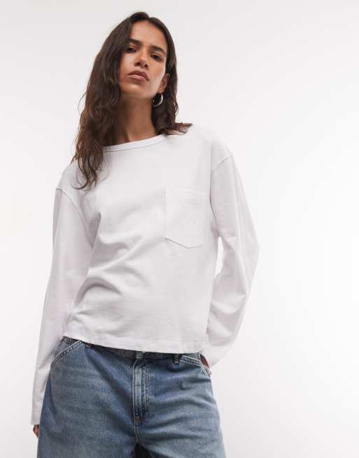COLLUSION boxy long sleeve t-shirt with pocket in white, 2 of 4