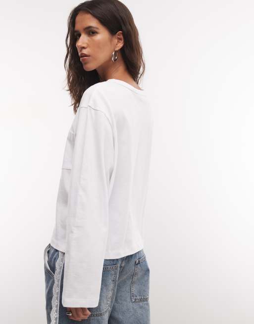 COLLUSION boxy long sleeve t-shirt with pocket in white, 4 of 4