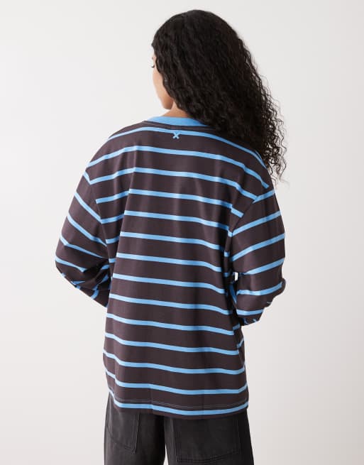 COLLUSION boxy long sleeve tee in blue stripes , 4 of 4