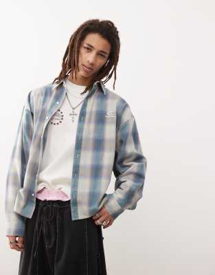 boxy oversized long sleeve shirt in brushed blue check