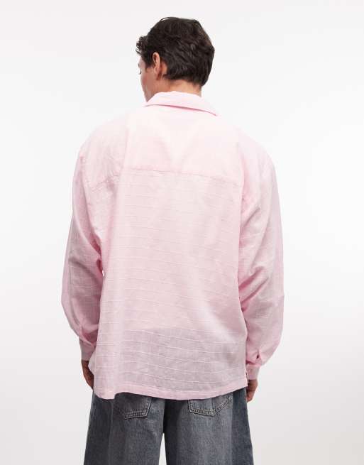 COLLUSION boxy oversized long sleeve shirt in pink textured plaid, 5 of 5