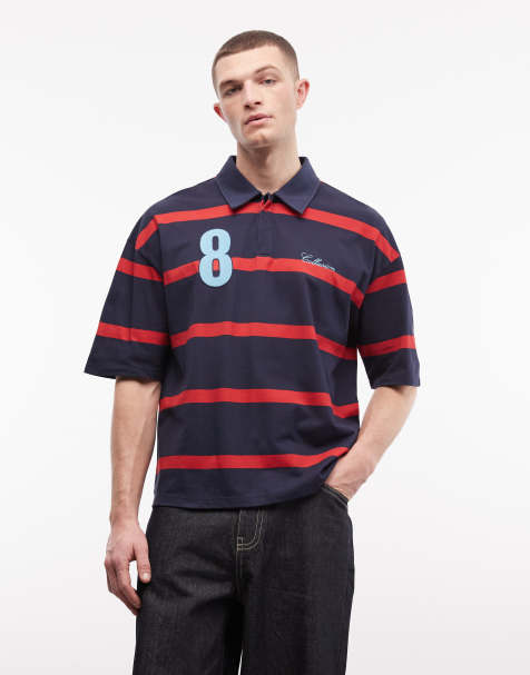 COLLUSION Boxy oversized polo t-shirt in blue and red stripe with embroidery - view 1
