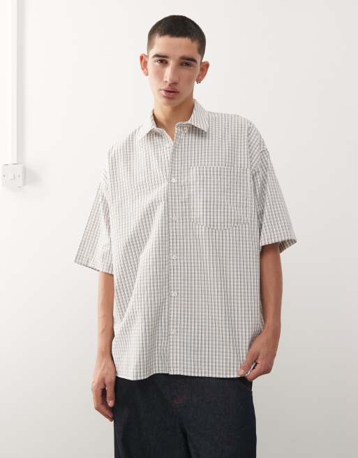 COLLUSION boxy oversized short sleeve shirt in neutral plaid, 2 of 5