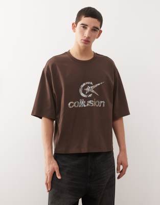 Collusion Boxy Oversized T-shirt With Logo In Brown