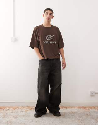 Collusion Boxy Oversized T-shirt With Logo In Brown