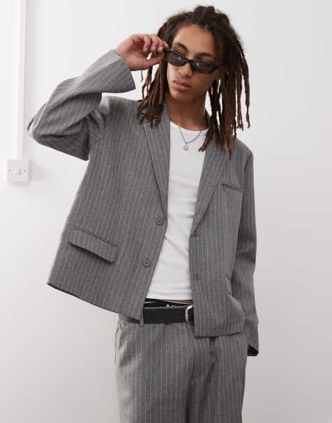COLLUSION boxy pinstriped blazer in stone - part of. aset - view 1