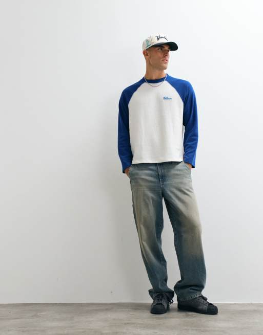 COLLUSION boxy raglan T-shirt in wit + blauw, 2 van 5
