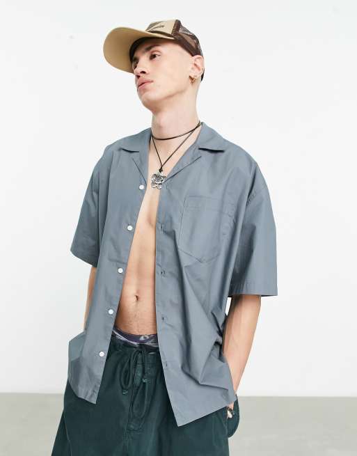 Short Sleeve Revere Oversized Boxy Satin Shirt