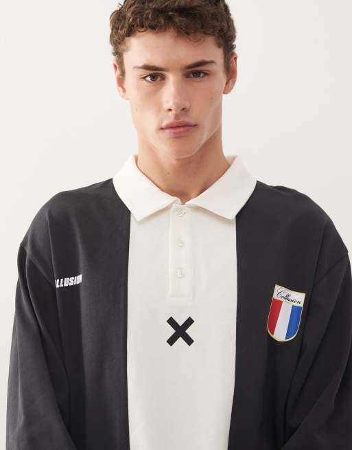 COLLUSION boxy rugby polo top in blocked stripe