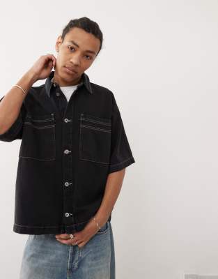 boxy seam detail denim shirt in black